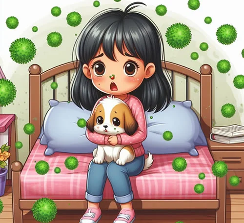 Cartoon illustration of a little girl highlighting the importance of attic mold inspection in Cary, IL to protect family health